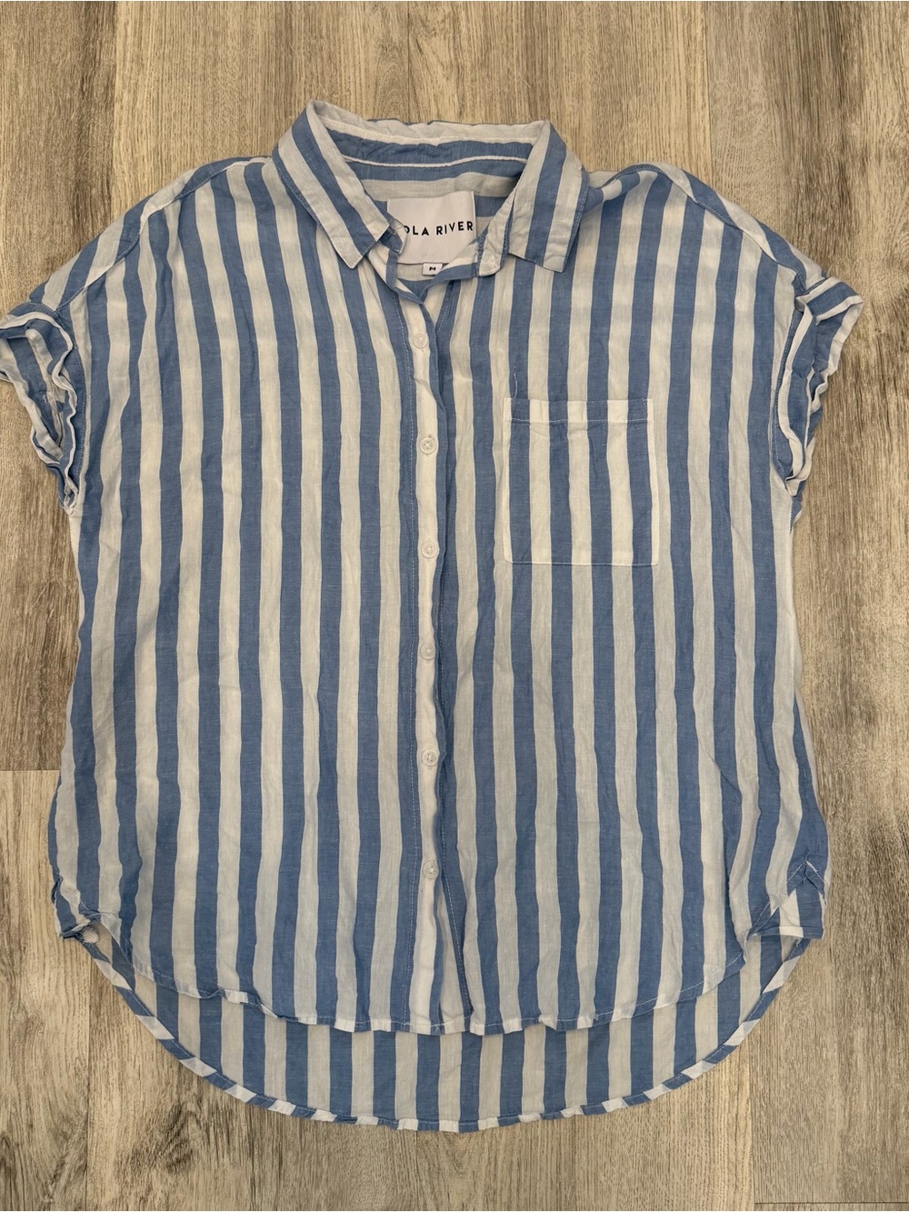 Lola River Tencel Linen Blue White Striped Button Up Shirt Medium